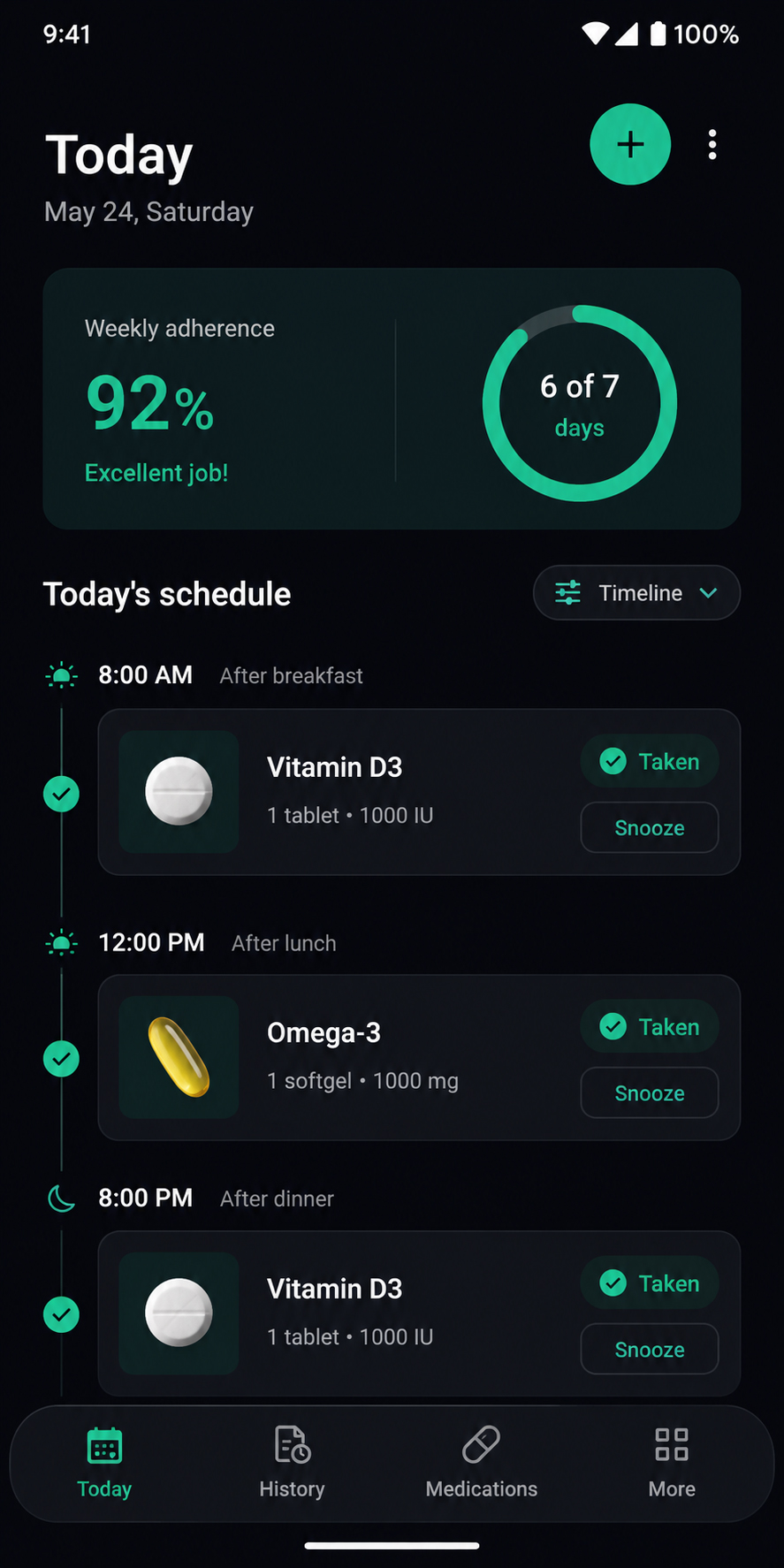 PillsReminder app — today's medication schedule and weekly adherence