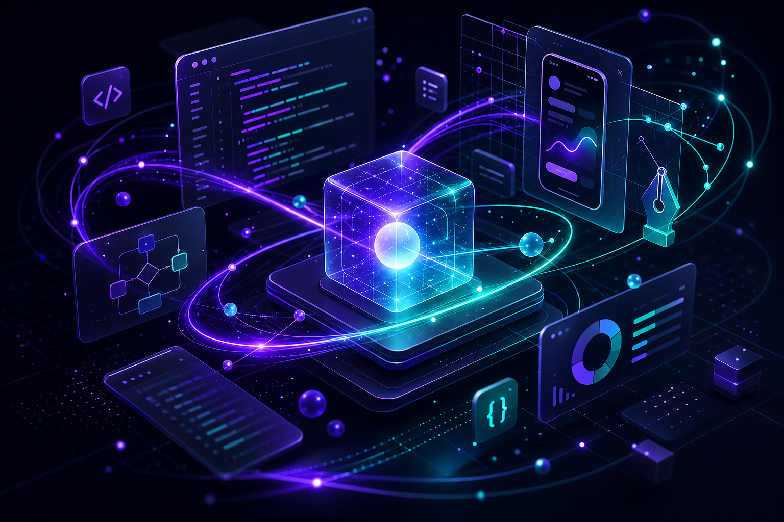 Software lab concept — floating UI panels and tools orbiting a glowing core